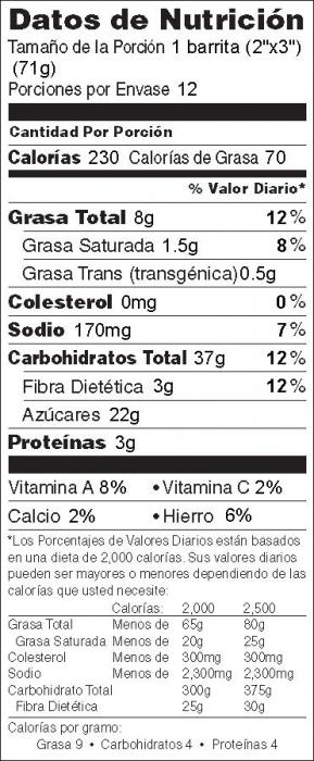 Foto de información nutricional de Barritas de Manzana