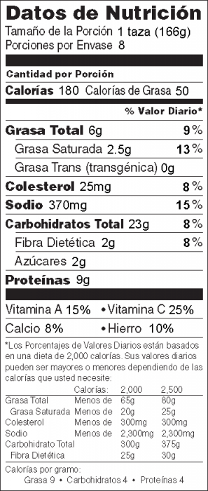Foto de información nutricional de Comida Mexicana de Vegetales con Carne a la Sartén