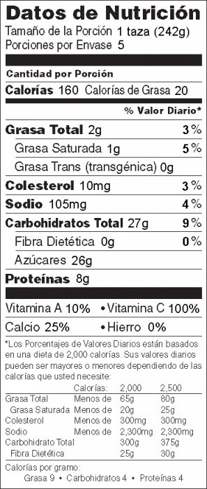 Foto de información nutricional de Licuado de Naranja