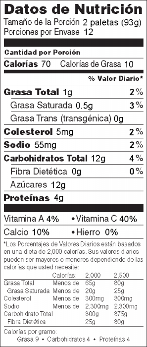 Foto de información nutricional de Paletas de Yogur