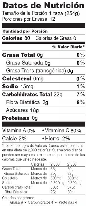 Foto de información nutricional de Sidra Caliente de Naranja y Manzana