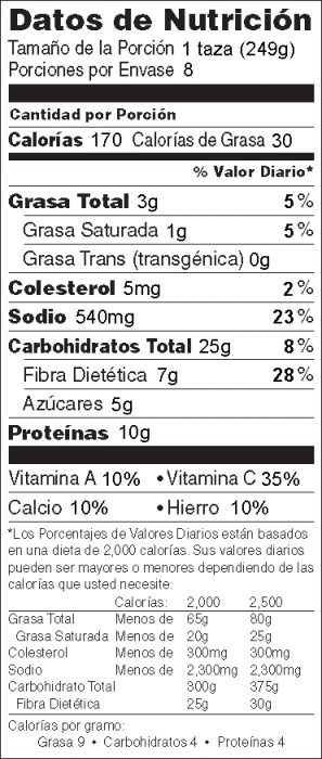Foto de información nutricional de Chili Vegetariano