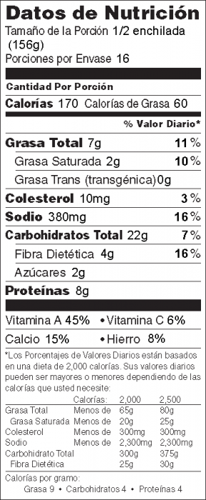 Foto de información nutricional de Enchiladas de Espinacas y Frijoles Negros