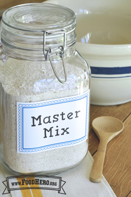 Glass jar labeled Master Mix with a flour-based baking mix. 