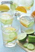 Glasses of water with floating cucumber, lime and lemon slices. 
