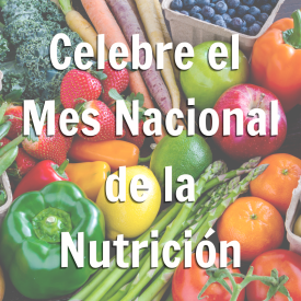 promoción de blog con texto de mes nacional de la nutrición sobre un fondo de verduras coloridas