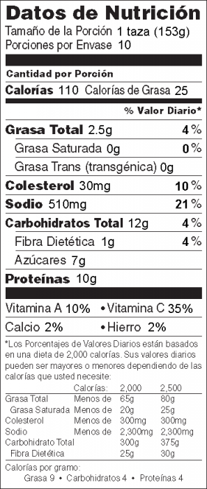 Foto de información nutricional de Pollo a la Criolla con salsa de chile preparada