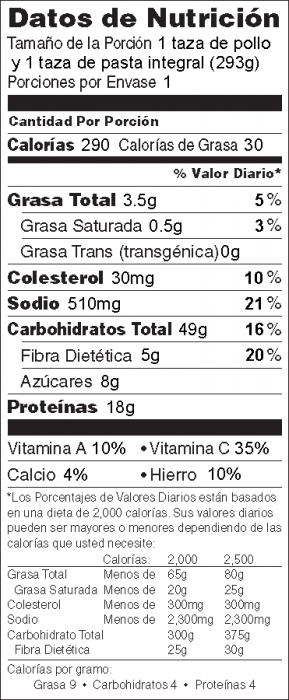 Foto de información nutricional de Pollo a la Criolla con pasta integral