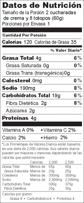 Foto de información nutricional de Crema de Garbanzos para untar (Hummus con tahini) con Totopos de Maíz Horneados de Héroe de Alimentos