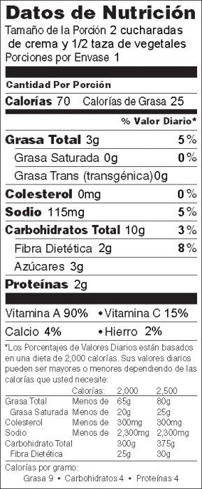Foto de información nutricional de Crema de Garbanzos para untar (Hummus con tahini) con vegetales frescos