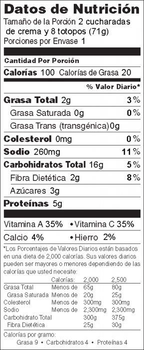 Foto de información nutricional de Salsa de Col Rizada con Totopos de Maíz Horneados de Héroe de Alimentos