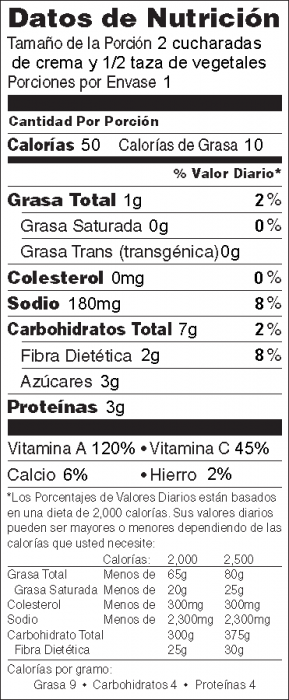 Foto de información nutricional de Salsa de Col Rizada con vegetales frescos