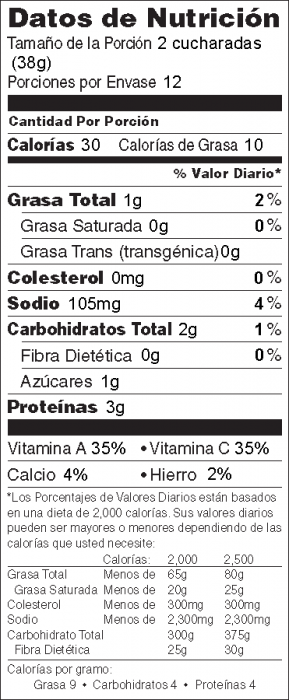 Foto de información nutricional de Salsa de Col Rizada