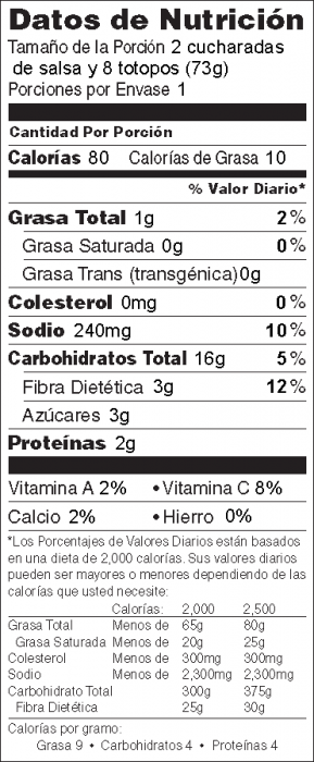 Foto de información nutricional de Salsa de Tomate Rápida con Totopos de Maíz Horneados de Héroe de Alimentos