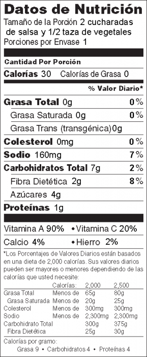 Foto de información nutricional de Salsa de Tomate Rápida con vegetales frescos