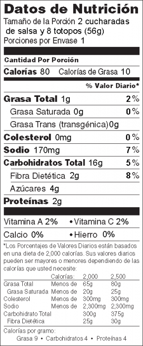 Foto de información nutricional de Salsa de Sandía con Totopos de Maíz Horneados de Héroe de Alimentos
