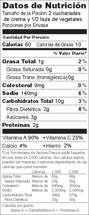 Foto de información nutricional de Crema de Frijoles Pintos Para Untar con vegetales frescos