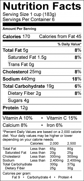 Photo of Nutrition Facts of Mix and Match Skillet Meal Pasta with chicken, onion, peas, broccoli and crushed saltines