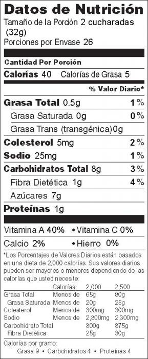 Foto de información nutricional de Crema para Untar de Calabaza con queso ricotta bajo en grasa