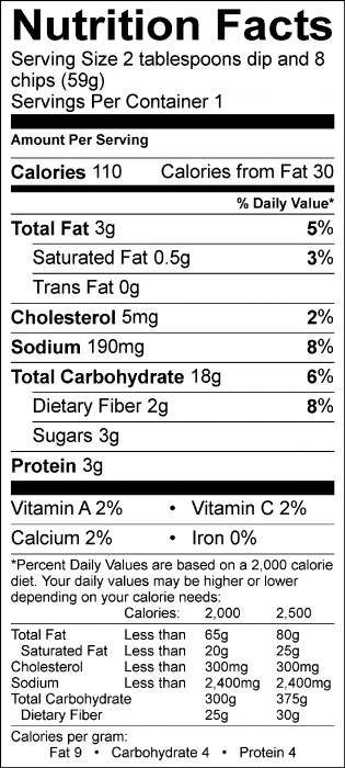 Photo of Nutrition Facts of Lemony Garbanzo Bean Dip with Food Hero Baked Tortilla Chips