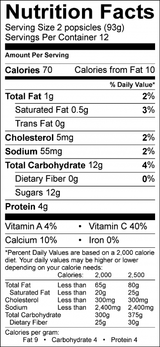 Foto de  información nutricional de Paletas de Yogur