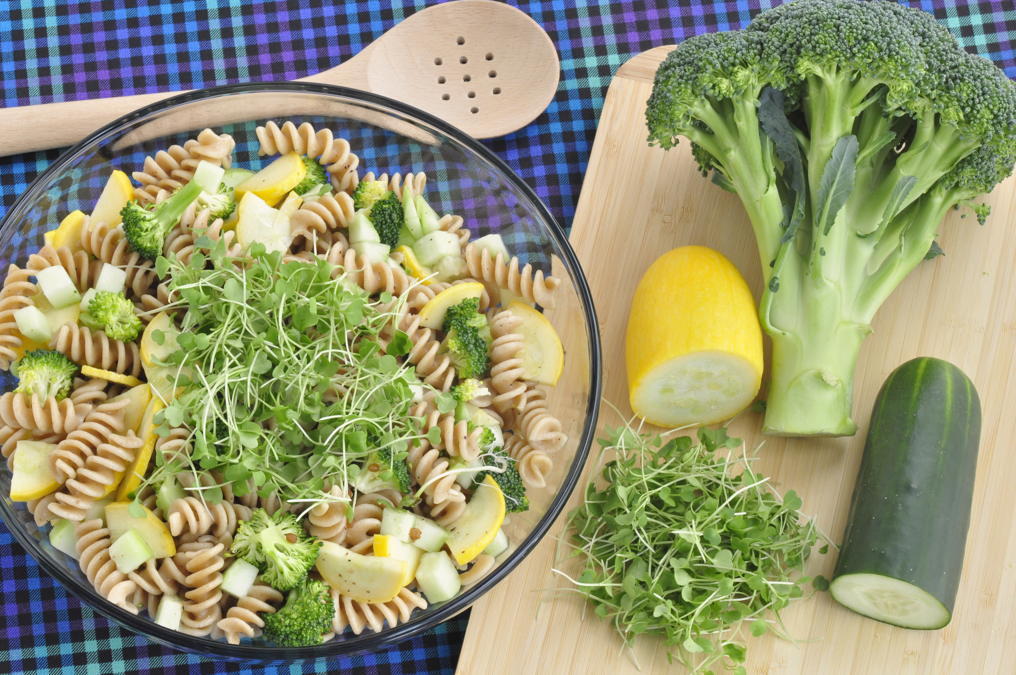 Summer Vegetable and Pasta Salad in clear bowl