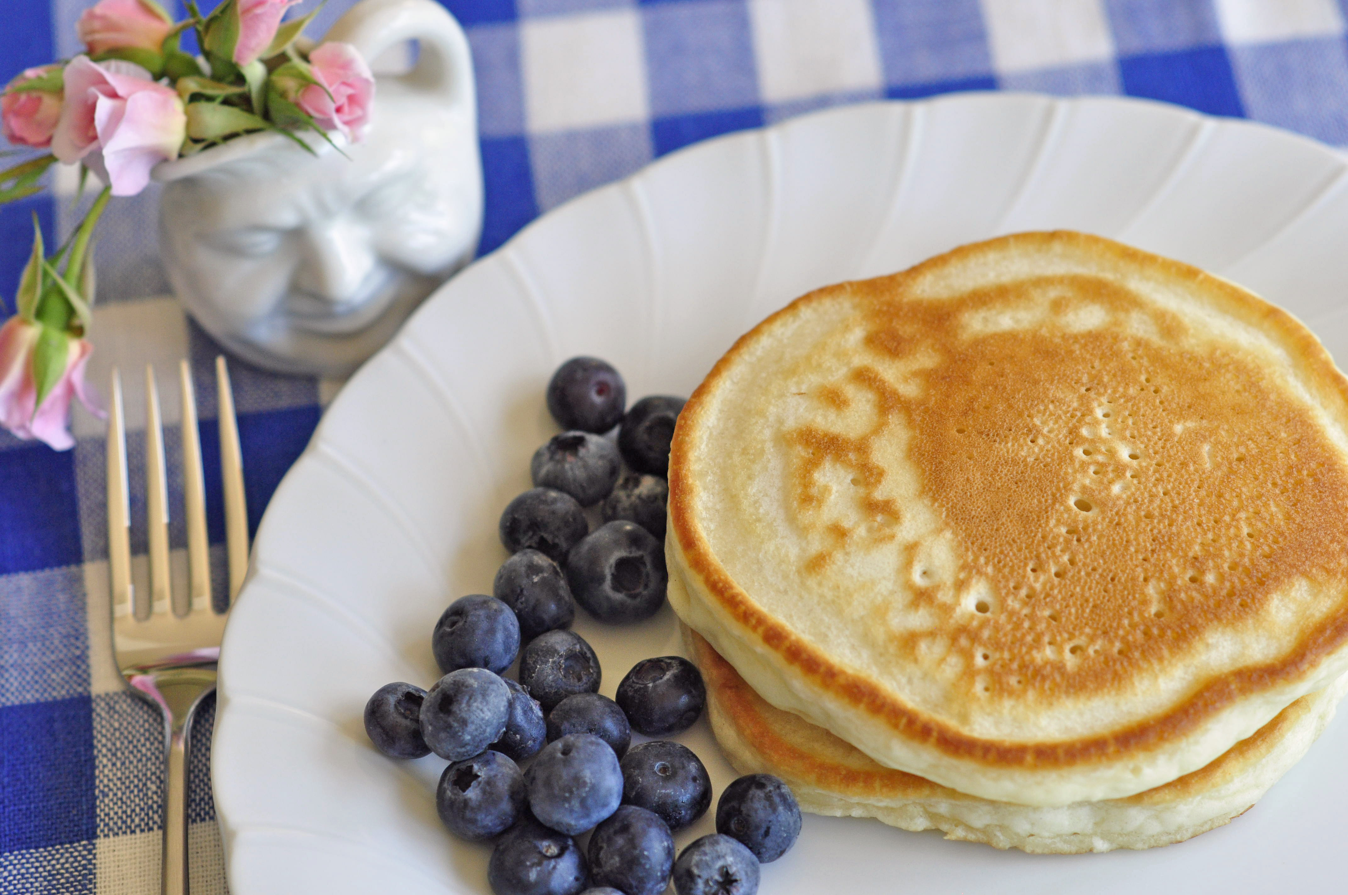 Favorite Pancakes with eggs served with blueberries