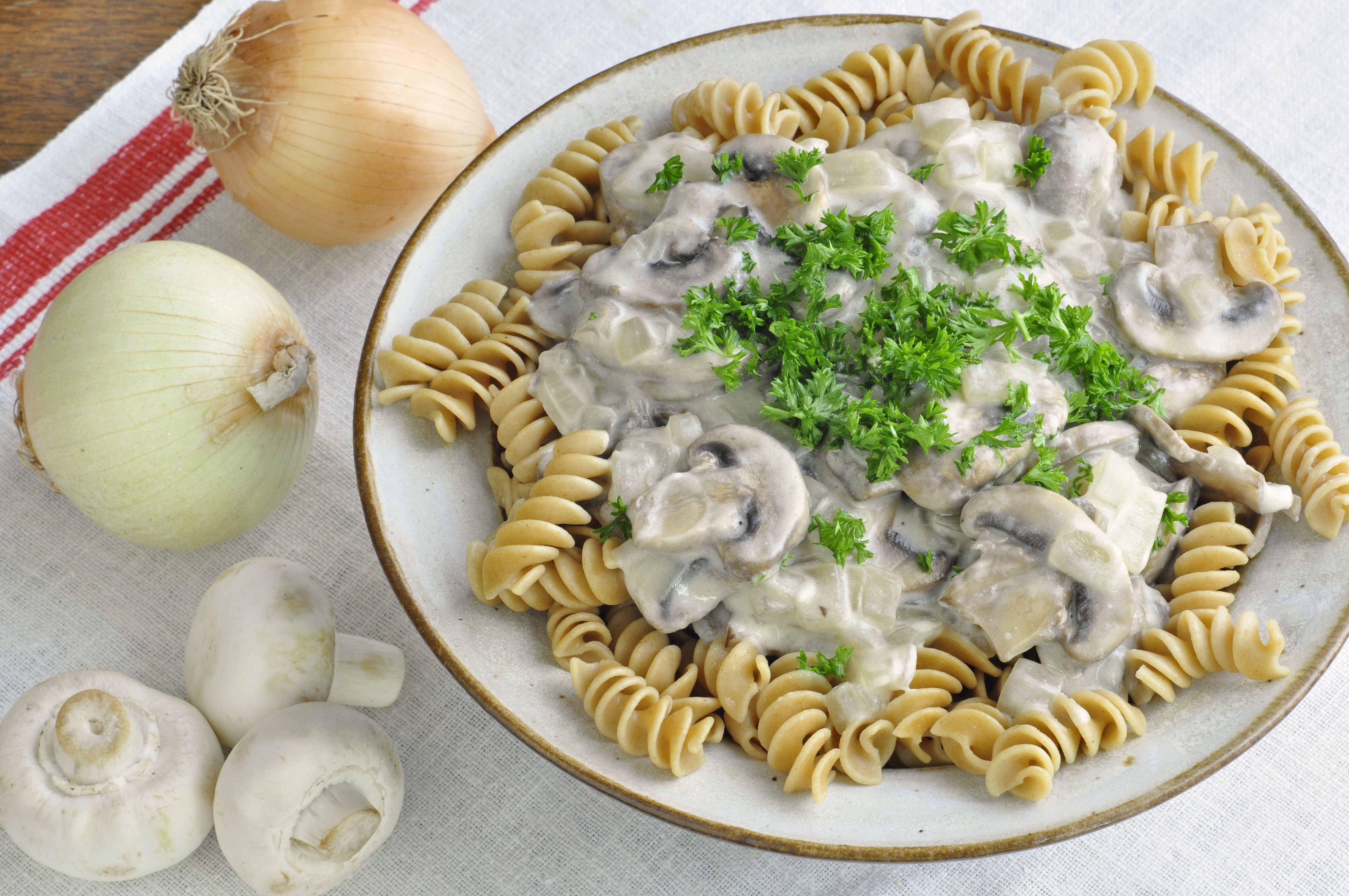 mushroom stroganoff dish on tabletop