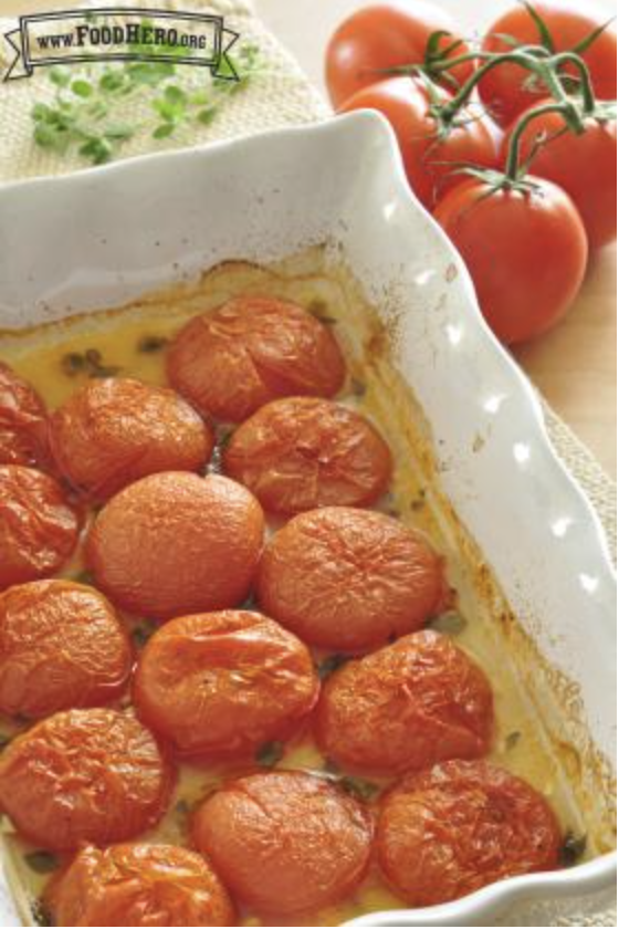 Roasted tomatoes in a dish.