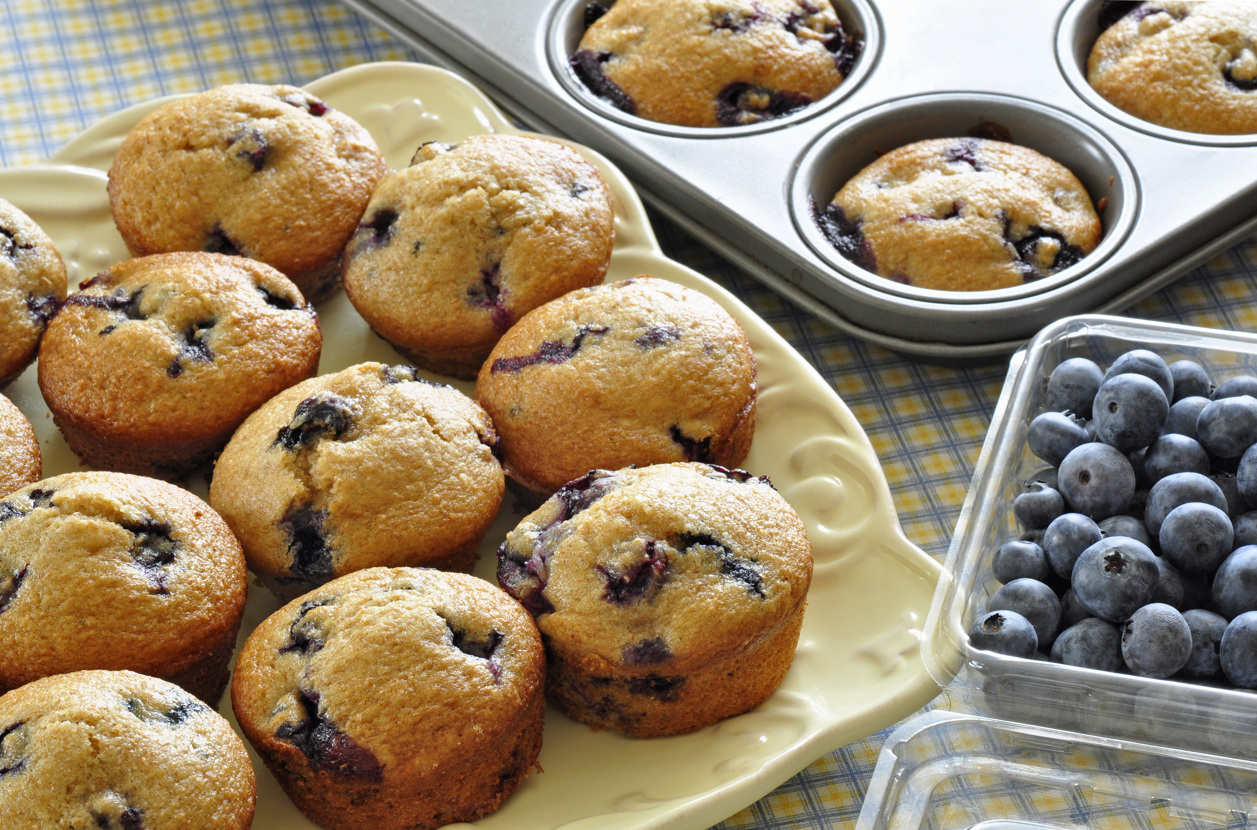 whole wheat blueberry muffins on table 