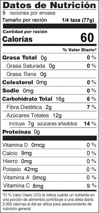 Foto de información nutriciona de Salsa para Cualquier Baya (arándanos, frambuesas, fresas, etc.)