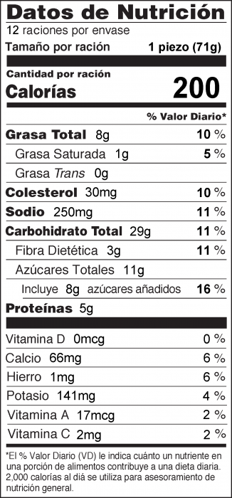 Foto de información nutricional de Pan de Plátano y Avena
