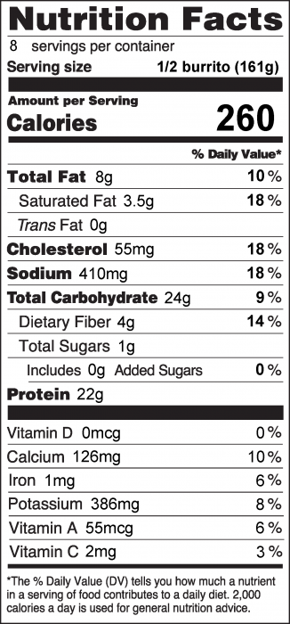 Photo of Nutrition Facts for Chicken and Black Bean Salsa Burrito
