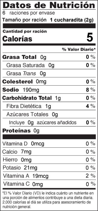 Harissa Spice Nutrition Label