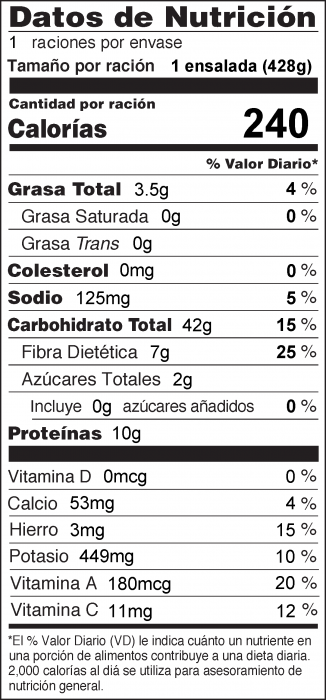 Nutrition Facts Spanish for Stovetop Kamut + Personal Salad