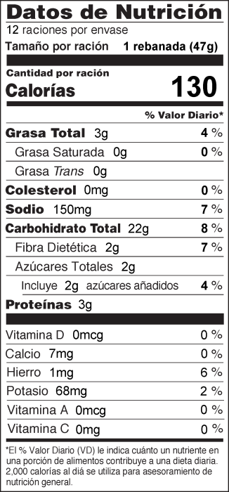 Whole-Wheat Bread in a bag Nutrition Facts Label