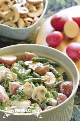 Red potato, mushroom and green beans covered in a creamy herb sauce.