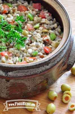 Rice, lentil and vegetable dish garnished with parsley
