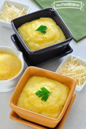 Bowls of fine textured corn grits. 