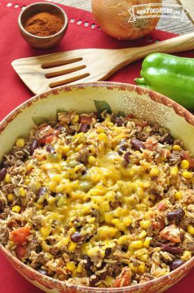 Large bowl of Hamburger Skillet with a melty cheese topping.