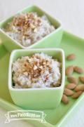 Creamy rice pudding topped with chopped almonds. 