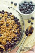 Un plato de arándanos azules al horno con una cobertura de avena dorada.