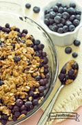  Un plato de arándanos azules al horno con una cobertura de avena dorada.