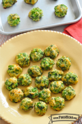 Scoops of seasoned and baked broccoli and cheese mixture are displayed on serving platter .