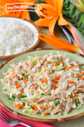  Plato de pollo desmenuzado con verduras y hojuelas de coco servido junto con arroz.