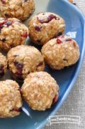 Plato de bolitas de avena con arándanos rojos secos.  