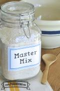 Glass jar labeled Master Mix with a flour-based baking mix. 