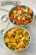 Two versions of a grain bowl with vegetables and chicken or tofu.