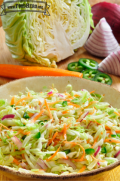 Shallow bowl of pickled cabbage and sliced vegetables.