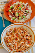 Large bowl of shredded chicken covered in salsa and served over rice.